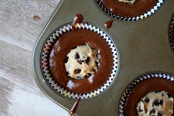 Chocolate Chip Cookie Dough Cupcakes ready for the oven