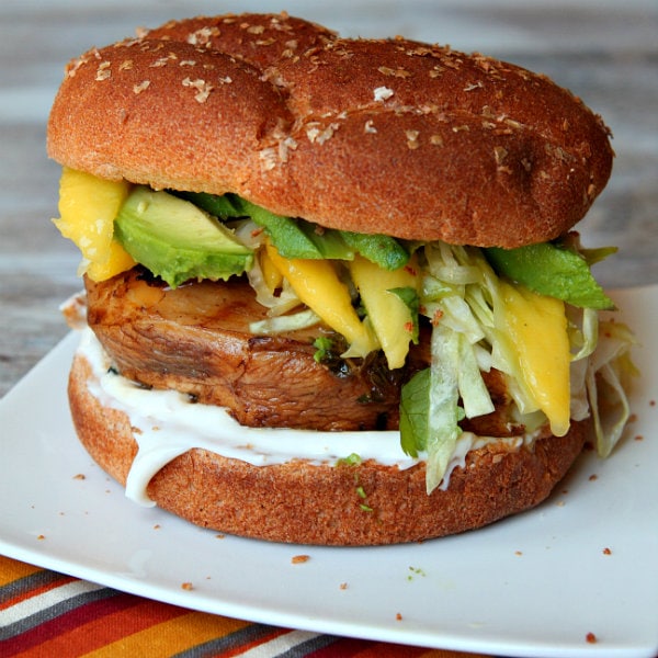 Balsamic Mango Marinated Chicken Sandwich on white plate