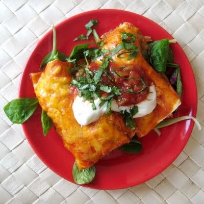 Beef and Black Bean Enchiladas on a red plate