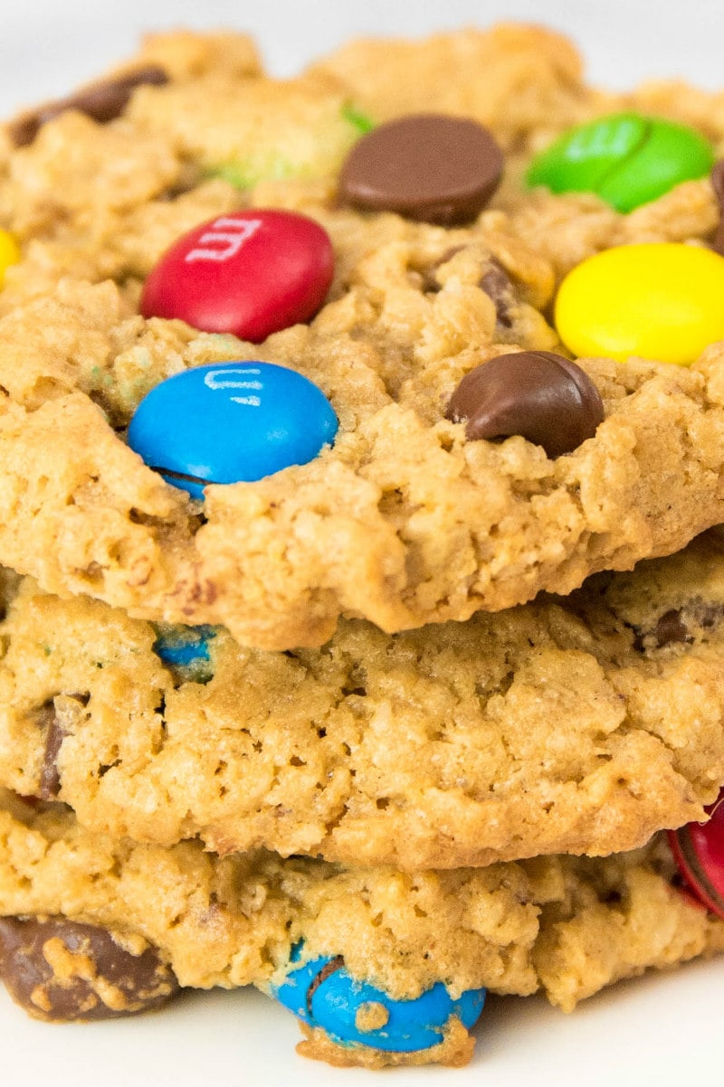 close up shot of a stack of monster cookies