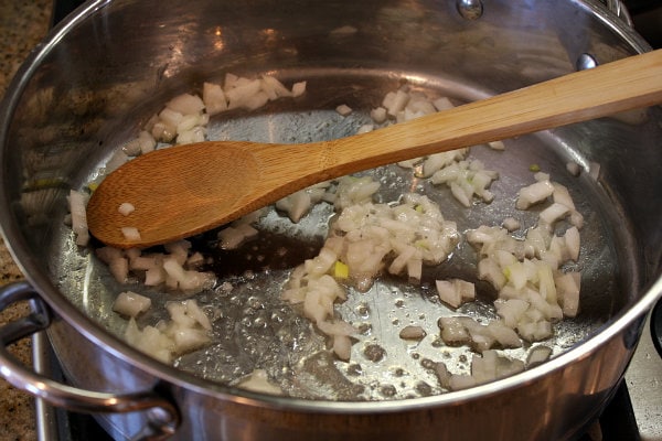 Shiitake and Sweet Pea Risotto 2 saute onion in pan