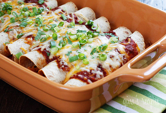 Skinny Chicken Enchiladas in a casserole dish