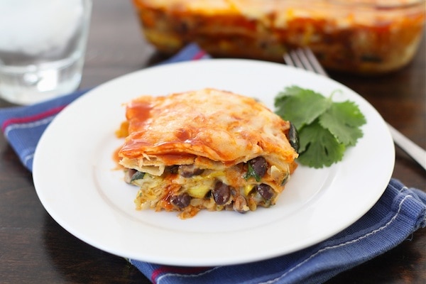 Stacked Roasted Vegetable enchiladas on a plate