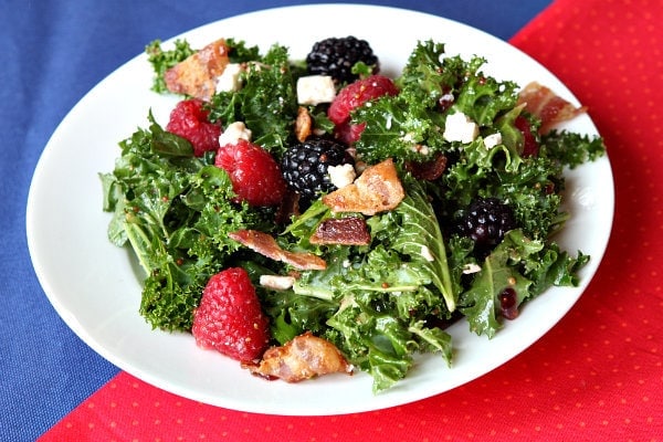 Berry and Bacon Kale Salad with Blackberry Jam Vinaigrette 1 Berry and Bacon Kale Salad on white plate