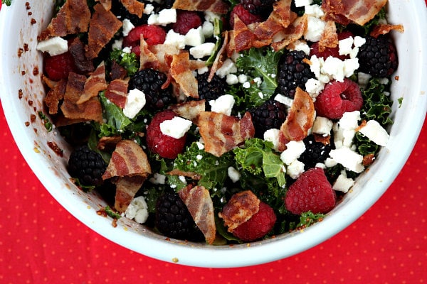 Berry and Bacon Kale Salad with Blackberry Jam Vinaigrette recipe by RecipeGirl.com