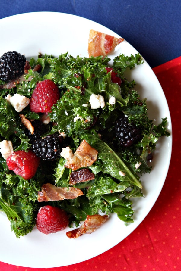 Berry and Bacon Kale Salad with Blackberry Jam Vinaigrette 3 Berry and Bacon Kale Salad on white plate
