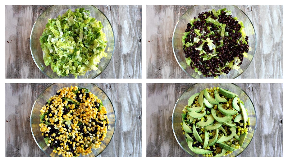 four photos showing how to layer tex mex salad