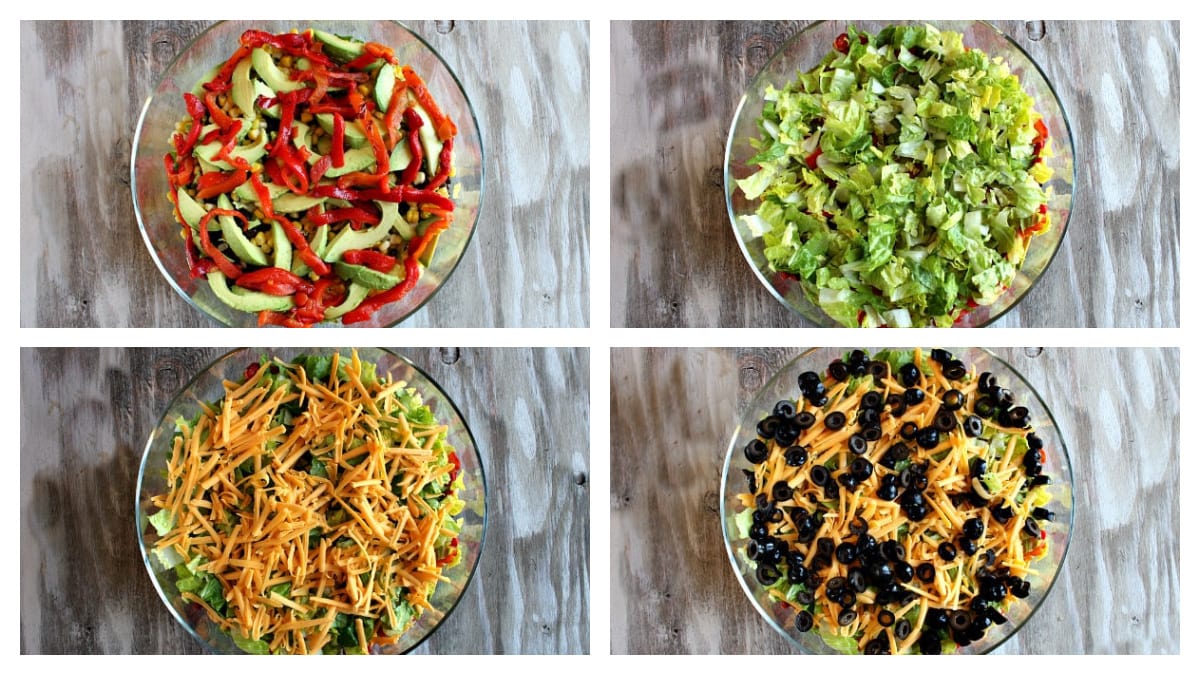 four photos showing how to layer tex mex salad