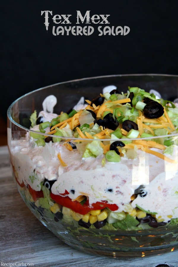 Tex Mex Layered Salad recipe from RecipeGirl.com #tex #mex #texmex #layered #salad #recipe #RecipeGirl Tex Mex Layered Salad in bowl