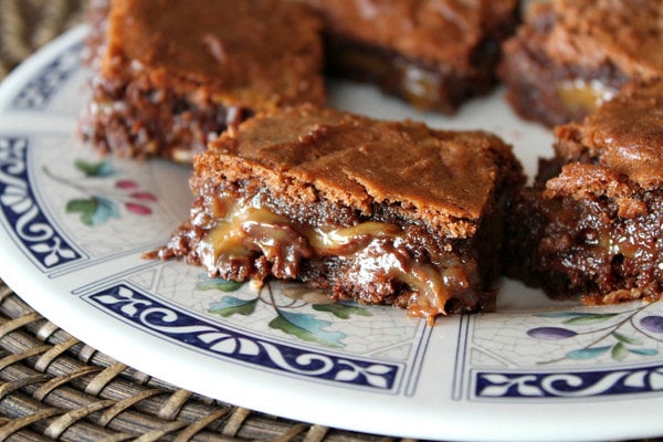 basement brownies displayed on a white and blue patterned plate