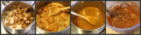 four photos showing process of making caramel in a saucepan on the stove with a wooden spoon