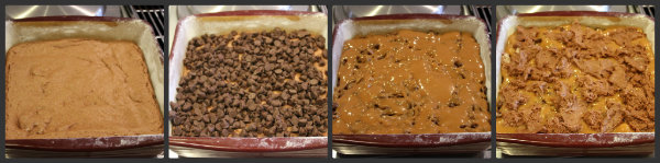 showing process of baking basement brownies in four pan assembly photos of batter, caramel, chocolate chips