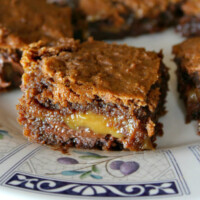 basement brownies on a blue patterned plate