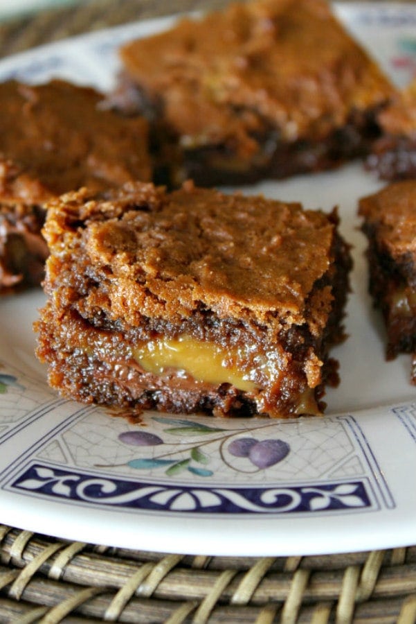 basement brownies on a blue patterned plate