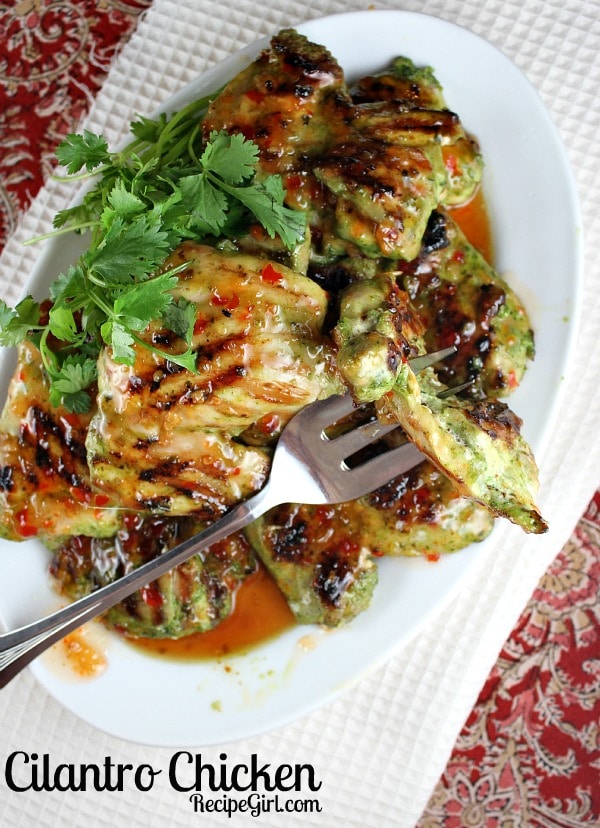 Easy Grilled Cilantro Chicken recipe from RecipeGirl.com #easy #grilled #cilantro #chicken #thighs #recipe #RecipeGirl Grilled Cilantro Chicken on plate