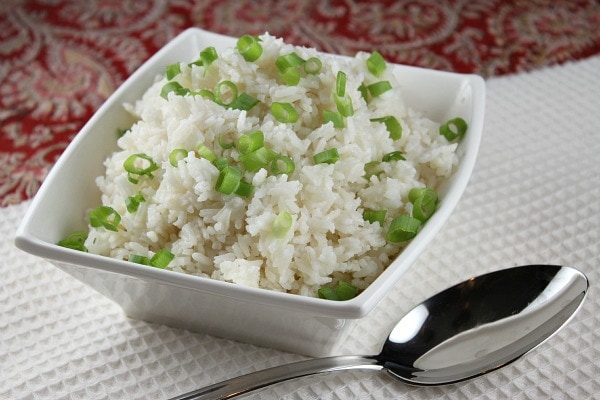 Coconut rice in a white dish