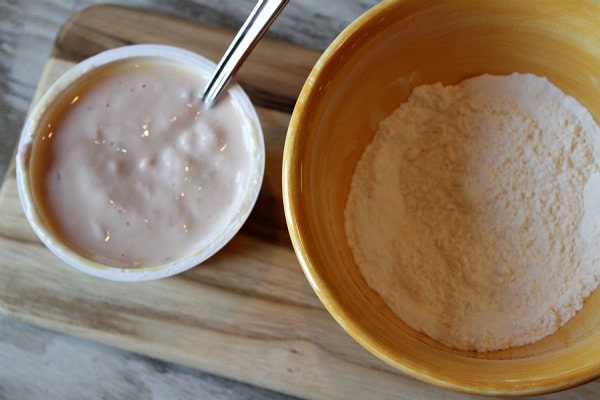 How to Make Greek Yogurt Pancakes yogurt and flour in bowl
