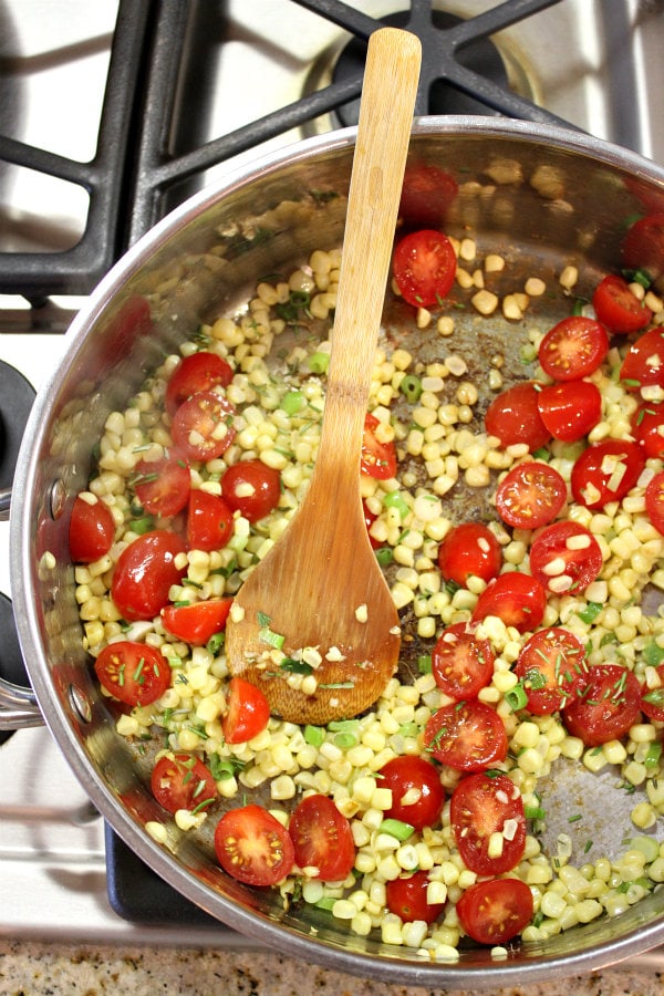 Grilled Skirt Steak Corn and Tomato Salad Corn and Tomato Salad in pan