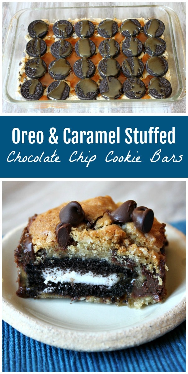 Oreo and Caramel Stuffed Chocolate Chip Cookie Bars recipe from RecipeGirl.com