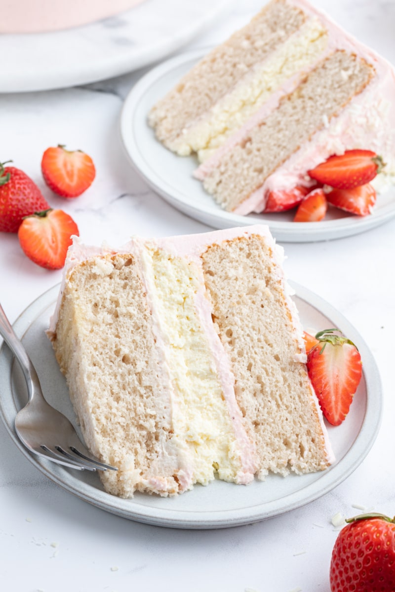 slice of strawberry cheesecake cake