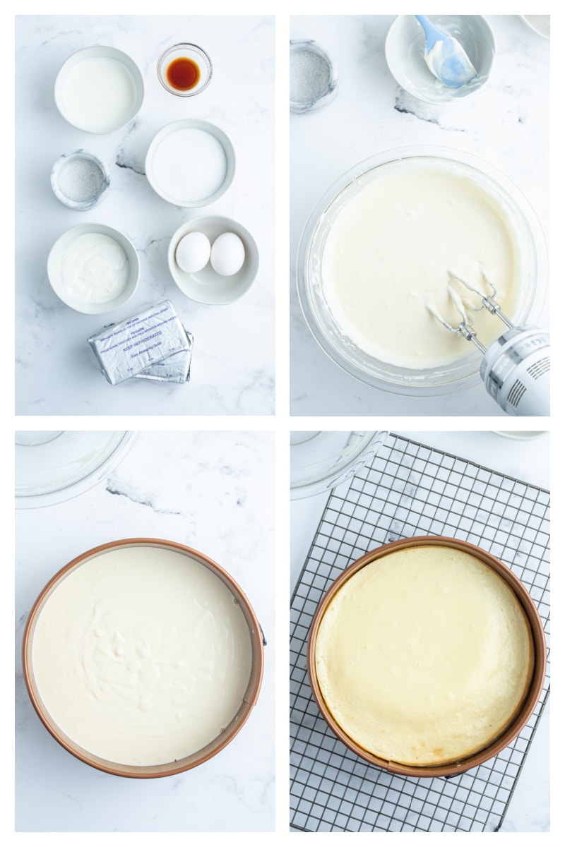 four photos showing ingredients for making cheesecake and then batter and then baked cheesecake