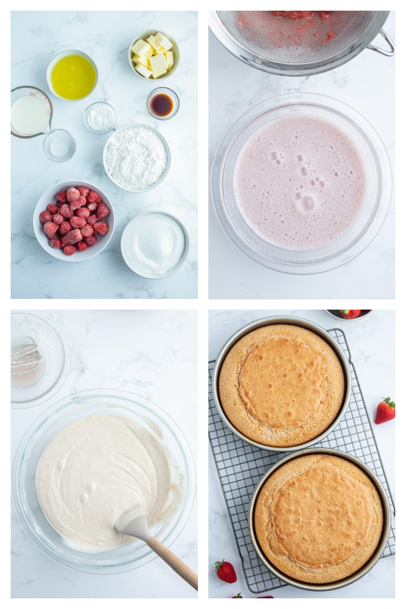 four photos showing ingredients for strawberry cake and then batter and then two round cakes