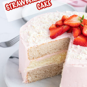 pinterest image for strawberry cheesecake cake