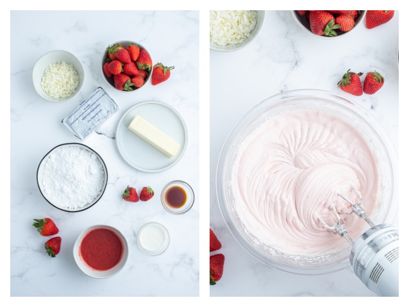 two photos showing frosting ingredients and then bowl of strawberry frosting