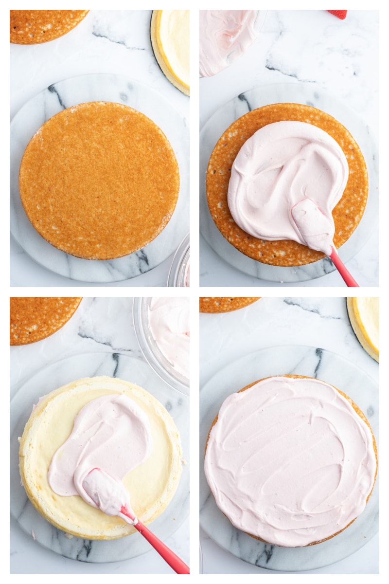four photos showing how to assemble a strawberry cheesecake cake