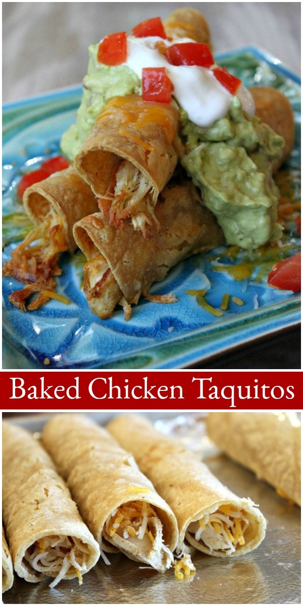 Easy Baked Chicken Taquitos recipe from RecipeGirl.com #easy #baked #chicken #tacos #taquitos #recipe #RecipeGirl Pinterest collage image for Baked Chicken Taquitos