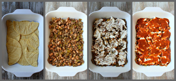 Beef and Bean Enchilada Casserole recipe from RecipeGirl.com #beef #bean #enchilada #casserole #recipe #recipegirl #easy #weeknight #dinner How to Make Beef and Bean Enchilada Casserole - four picture collage