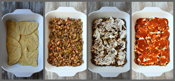 How to Make Beef and Bean Enchilada Casserole - four picture collage