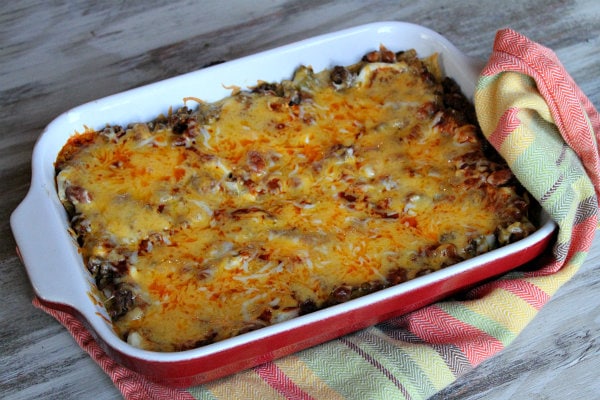 Beef and Bean Enchilada Casserole recipe from RecipeGirl.com #beef #bean #enchilada #casserole #recipe #recipegirl #easy #weeknight #dinner Beef and Bean Enchilada Casserole just out of the oven