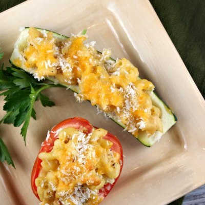 Mac and Cheese Stuffed Vegetable Boats on plate