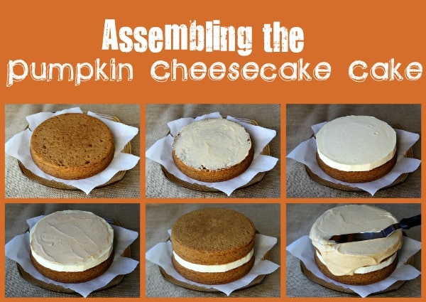 six photos showing assembly of cheesecake cake