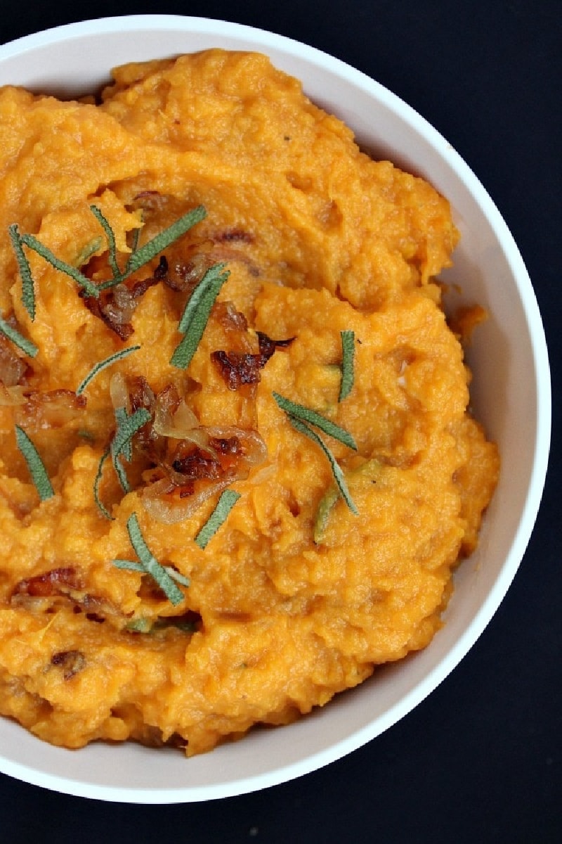 Mashed Sweet Potatoes recipe from RecipeGirl.com #mashed #sweetpotatoes #recipe #RecipeGirl bowl of mashed sweet potatoes