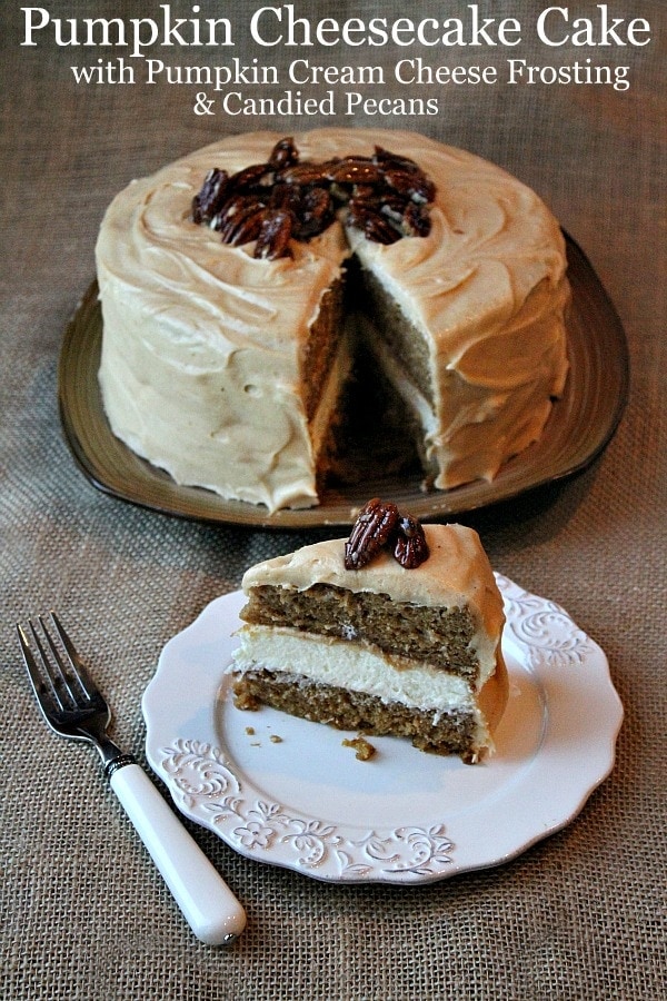 pumpkin cheesecake cake with slice in front of it