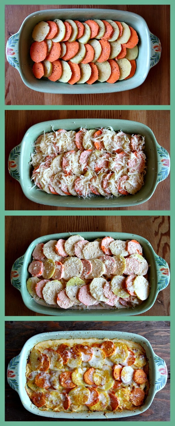 series of four photos showing process of assembling Pumpkin Scalloped Potatoes 