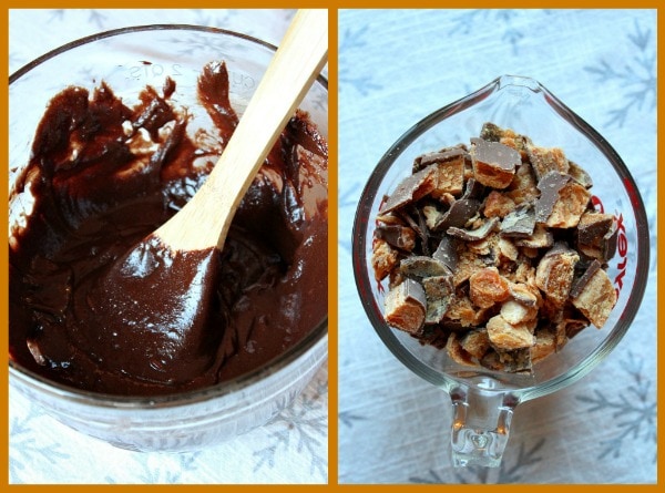 bowl of batter for butterfinger brownie cookies with a wooden spoon in the bowl, and then an overhead shot of chopped butterfingers in a glass measuring cup