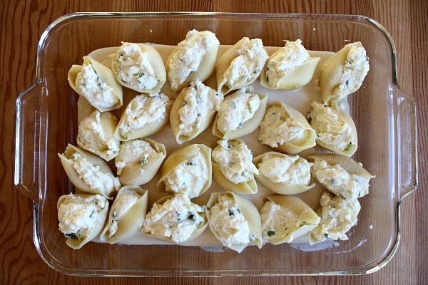 cheese stuffed shells in a casserole dish