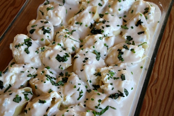 Three Cheese Stuffed Shells with Creamy White Sauce recipe from RecipeGirl.com #three #cheese #stuffed #shells #pasta #recipe #RecipeGirl three cheese shells ready for the oven