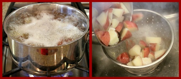 two photos showing cooking potatoes in pan and then draining them