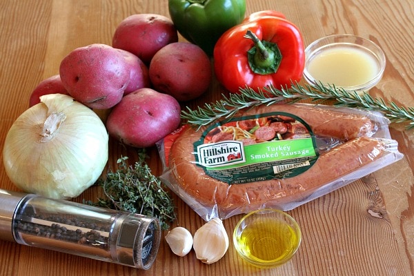 Sausage and Potato Bake recipe from RecipeGirl.com ingredients displayed for making sausage and potato bake