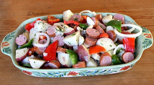 casserole dish of sausage potato bake