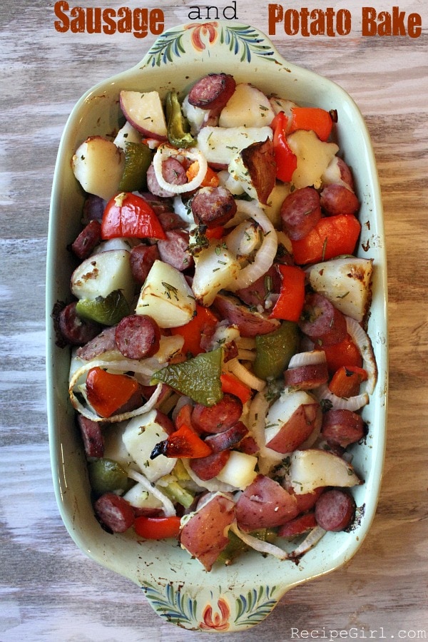 casserole dish of sausage and potato bake