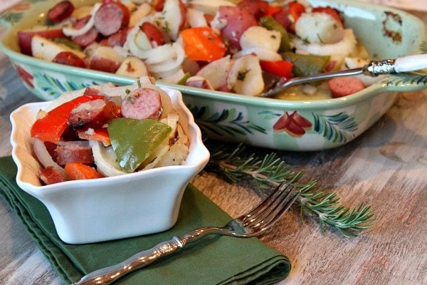Sausage and Potato Bake recipe from RecipeGirl.com serving of sausage potato bake