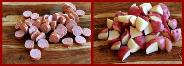 Sausage and Potato Bake recipe from RecipeGirl.com cut sausage and cut potatoes