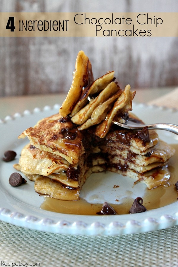 stack of RecipeBoy's 4 Ingredient Chocolate Chip Pancakes