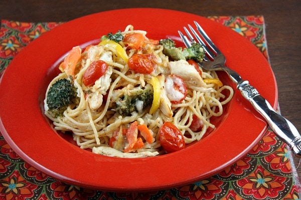 Bowl of Baked Lemon Chicken Spaghetti Primavera