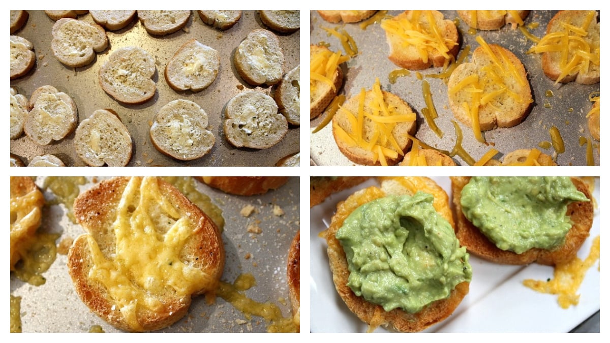 collage showing how to make grilled cheese guacamole and bacon bruschetta